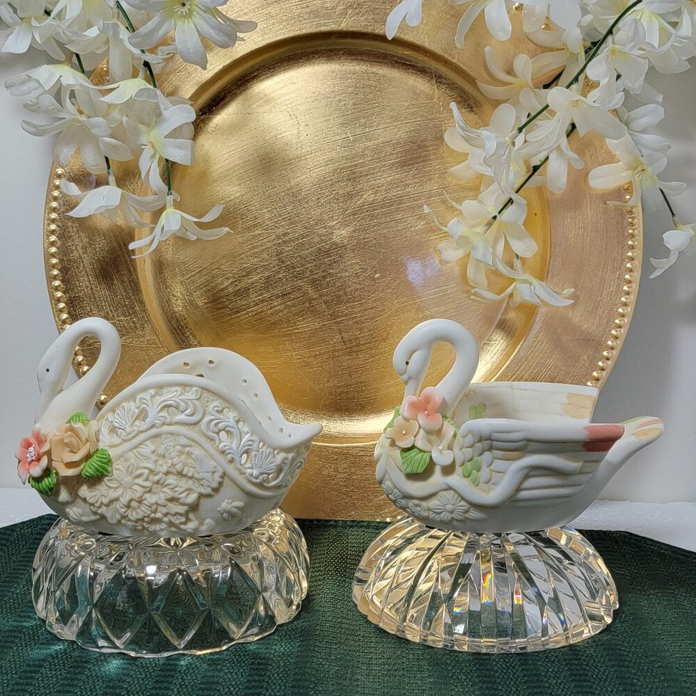 Vintage K's Collection Hand Painted Ceramic Bisque Swan Dishes Set of 2